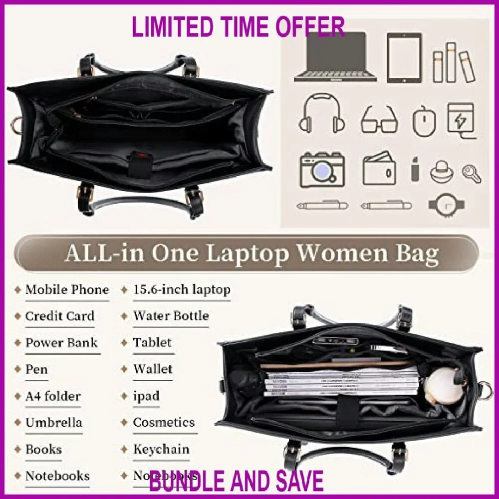 15.6 Inch Waterproof Laptop Tote Bag Leather Work Briefcase Large Capacity